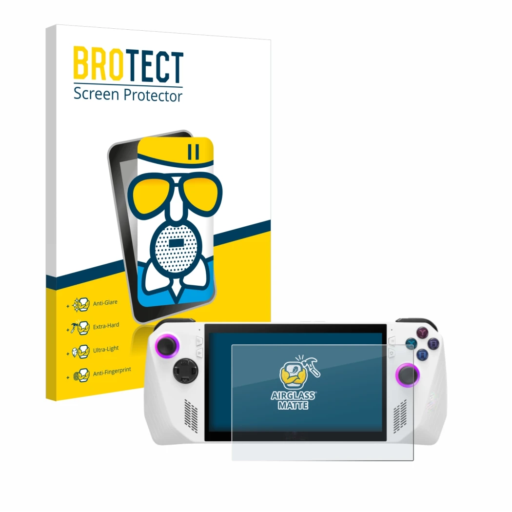 Front side of a product packaging with the brand logo BROTECT. Next to it is the device ASUS ROG Ally (2023) RC71L shown with 