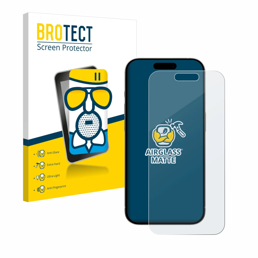 Front side of a product packaging with the brand logo BROTECT. Next to it is the device Apple iPhone 15 Pro shown with the cor