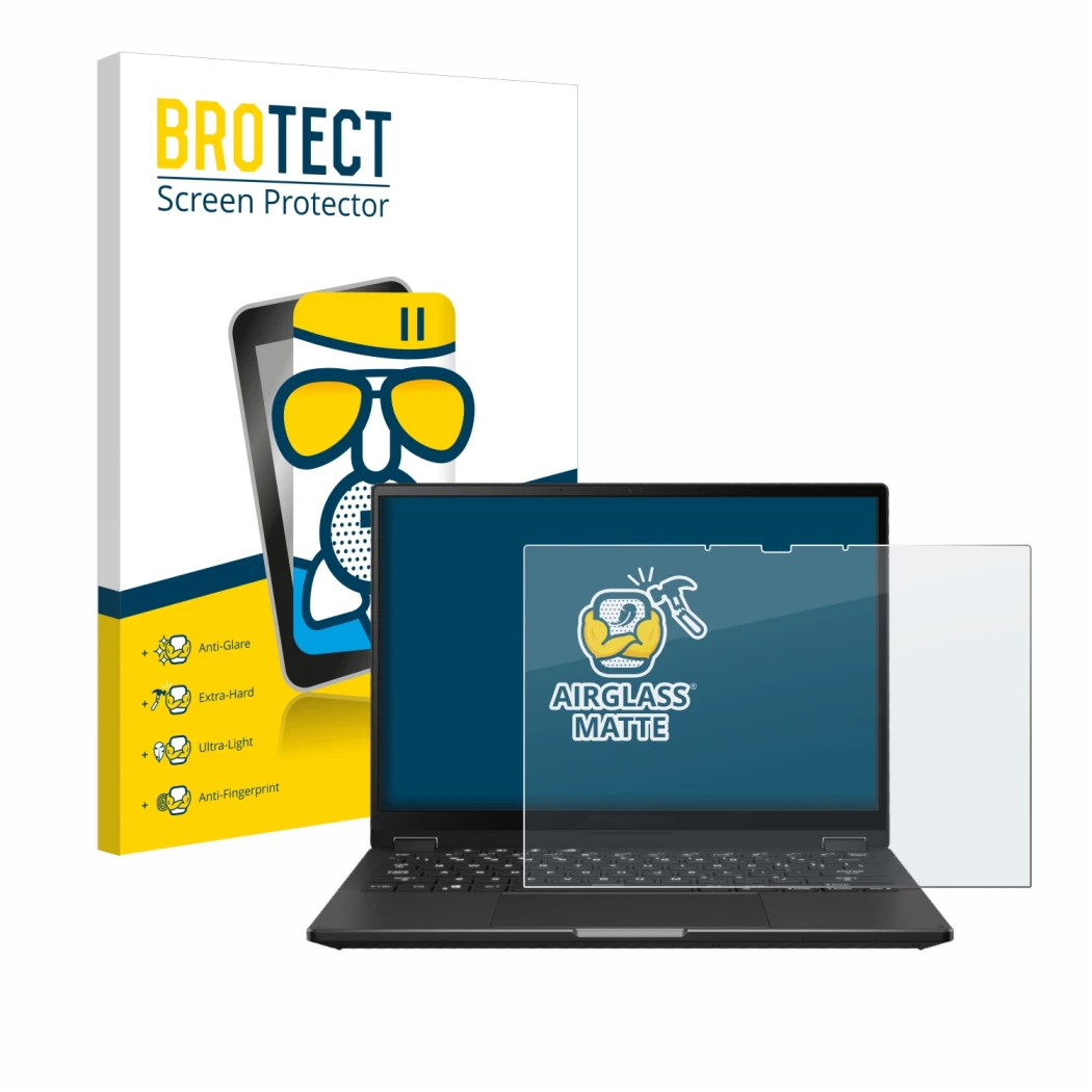 Front side of a product packaging with the brand logo BROTECT. Next to it is the device ASUS ROG Flow X13 2023 shown with the 