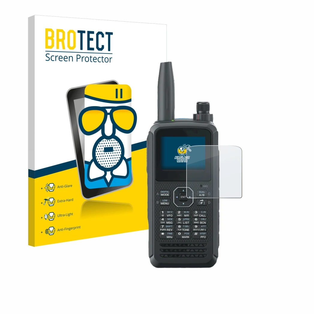 Front side of a product packaging with the brand logo BROTECT. Next to it is the device Kenwood TH-D75E D-Star shown with the 