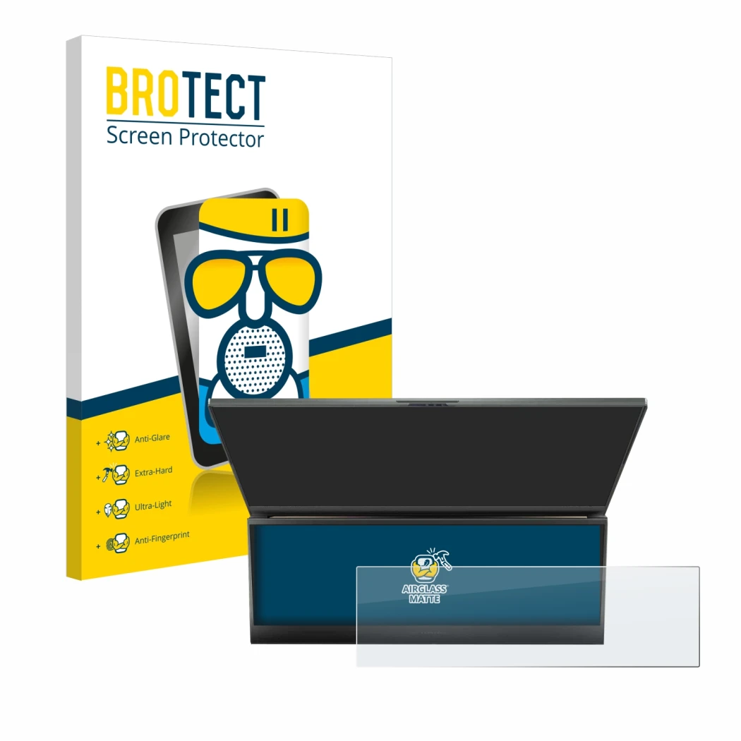 Front side of a product packaging with the brand logo BROTECT. Next to it is the device ASUS ROG Zephyrus Duo 16 2023 (ONLY To