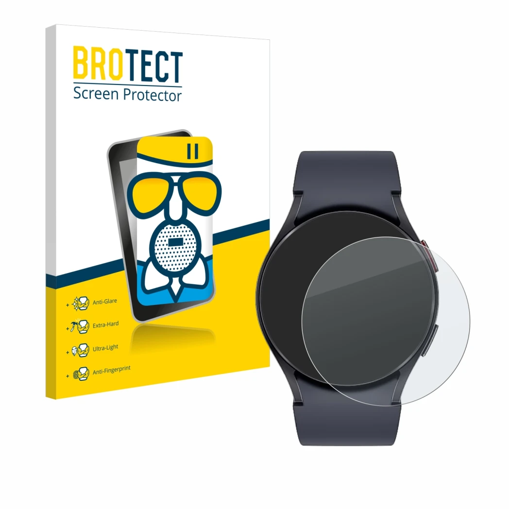 Front side of a product packaging with the brand logo BROTECT. Next to it is the device Samsung Galaxy Watch 6 (44 mm) shown w