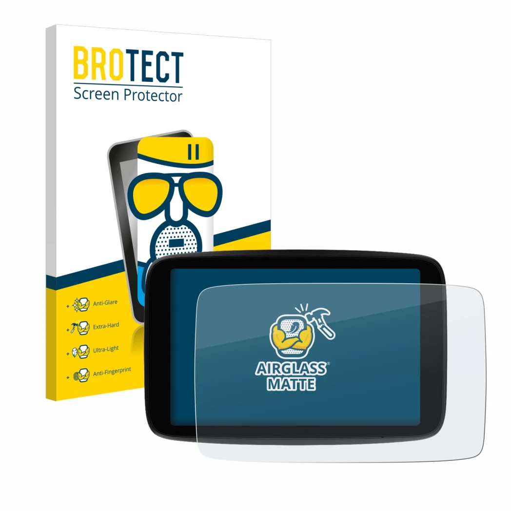 Front side of a product packaging with the brand logo BROTECT. Next to it is the device TomTom GO Expert Plus 7