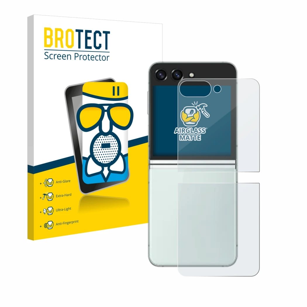 Front side of a product packaging with the brand logo BROTECT. Next to it is the device Samsung Galaxy Z Flip 5 (Back) shown w