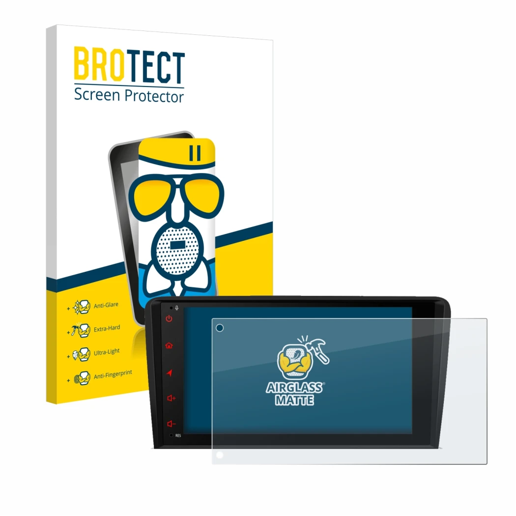 Front side of a product packaging with the brand logo BROTECT. Next to it is the device Xtrons PSA80A3AL shown with the corres