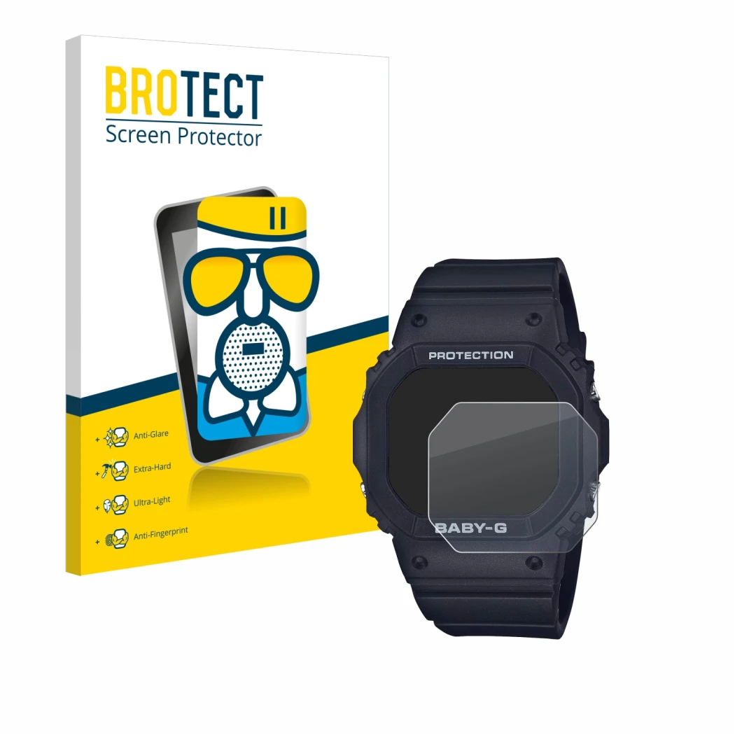 Front side of a product packaging with the brand logo BROTECT. Next to it is the device Casio Baby-G BGD-565 shown with the co