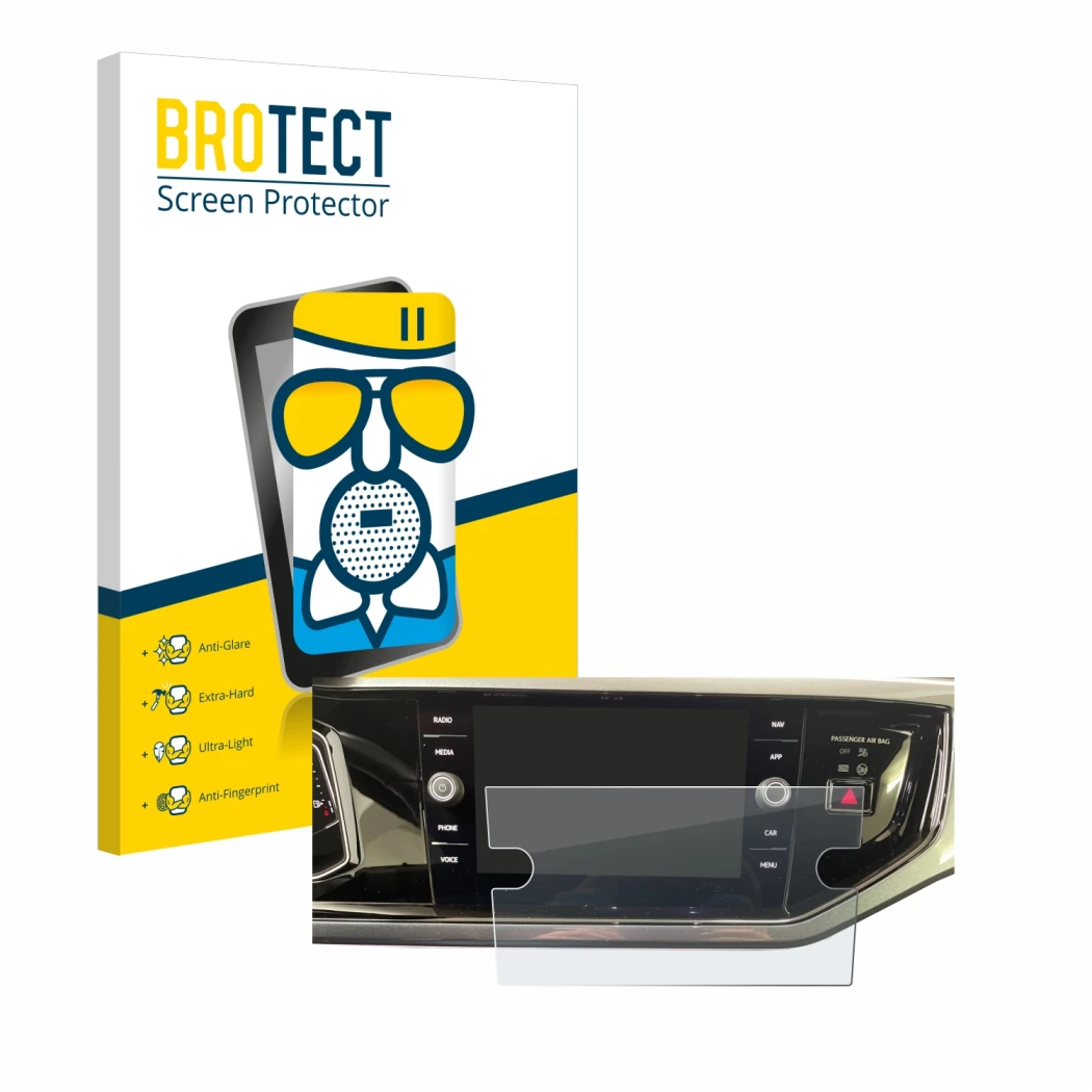 Front side of a product packaging with the brand logo BROTECT. Next to it is the device Volkswagen Polo VI Ready 2 Discover 8