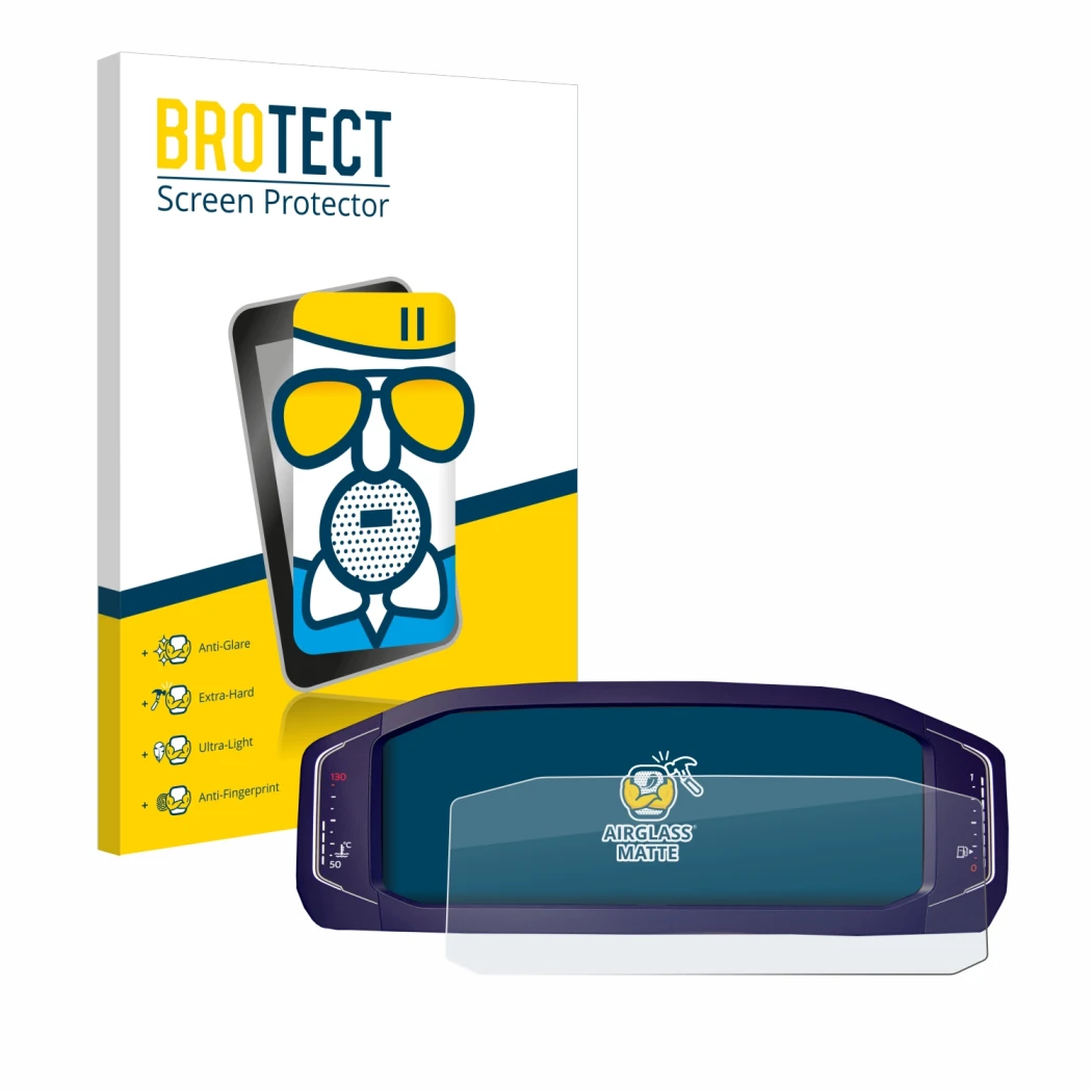 Front side of a product packaging with the brand logo BROTECT. Next to it is the device Volkswagen Passat B8 Digital Cockpit 1