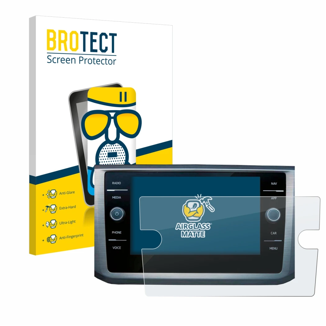 Front side of a product packaging with the brand logo BROTECT. Next to it is the device Volkswagen Passat B8 Discover Media 8