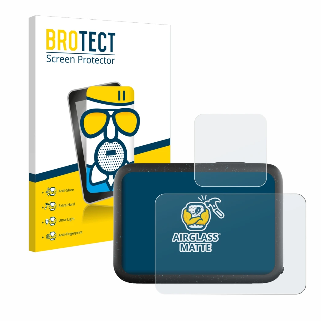 Front side of a product packaging with the brand logo BROTECT. Next to it is the device GoPro Hero 12 Black shown with the cor