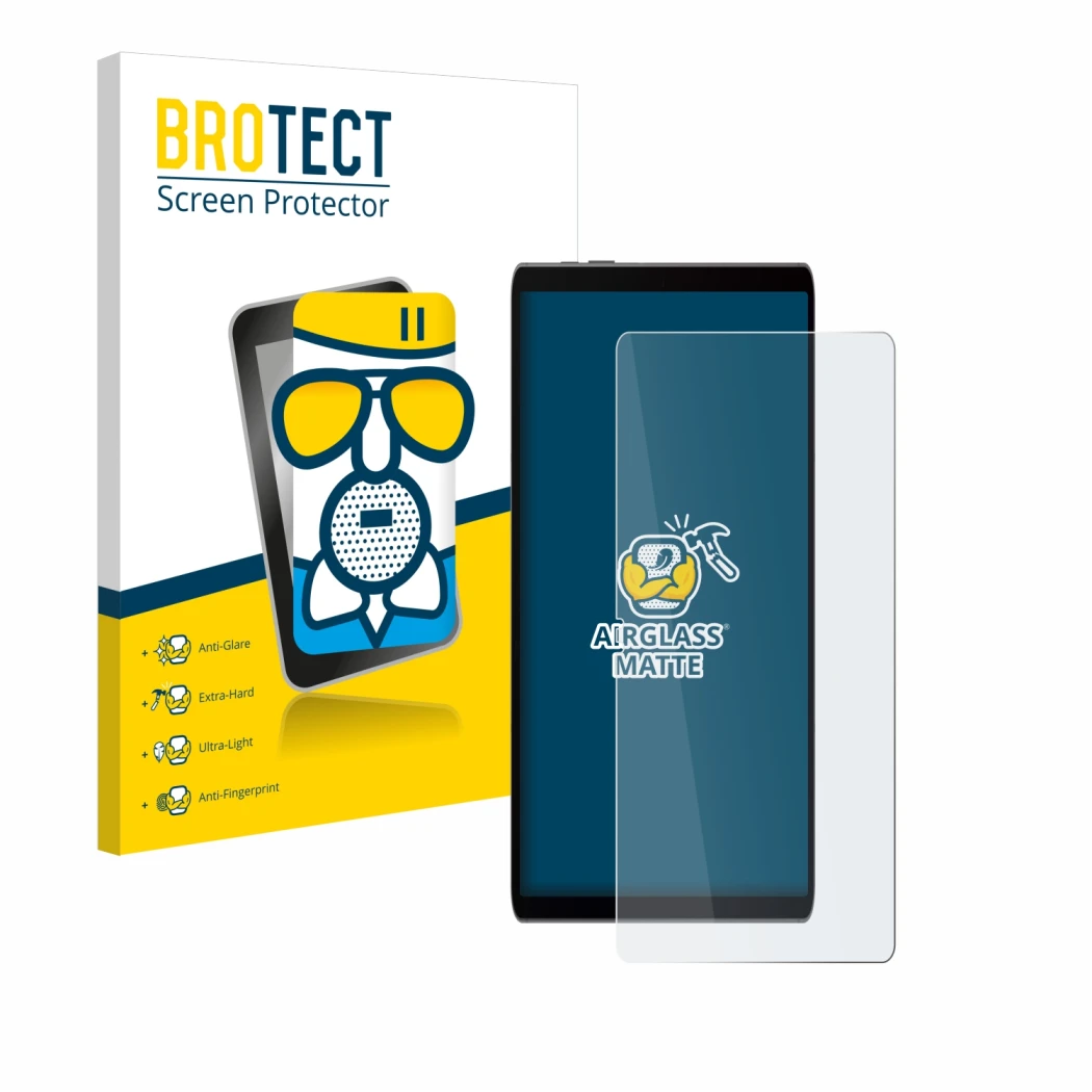 Front side of a product packaging with the brand logo BROTECT. Next to it is the device Samsung Galaxy Tab S9 FE shown with th