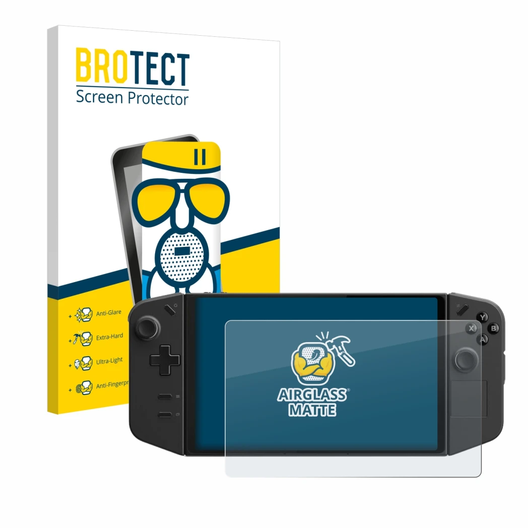 Front side of a product packaging with the brand logo BROTECT. Next to it is the device Lenovo Legion Go shown with the corres