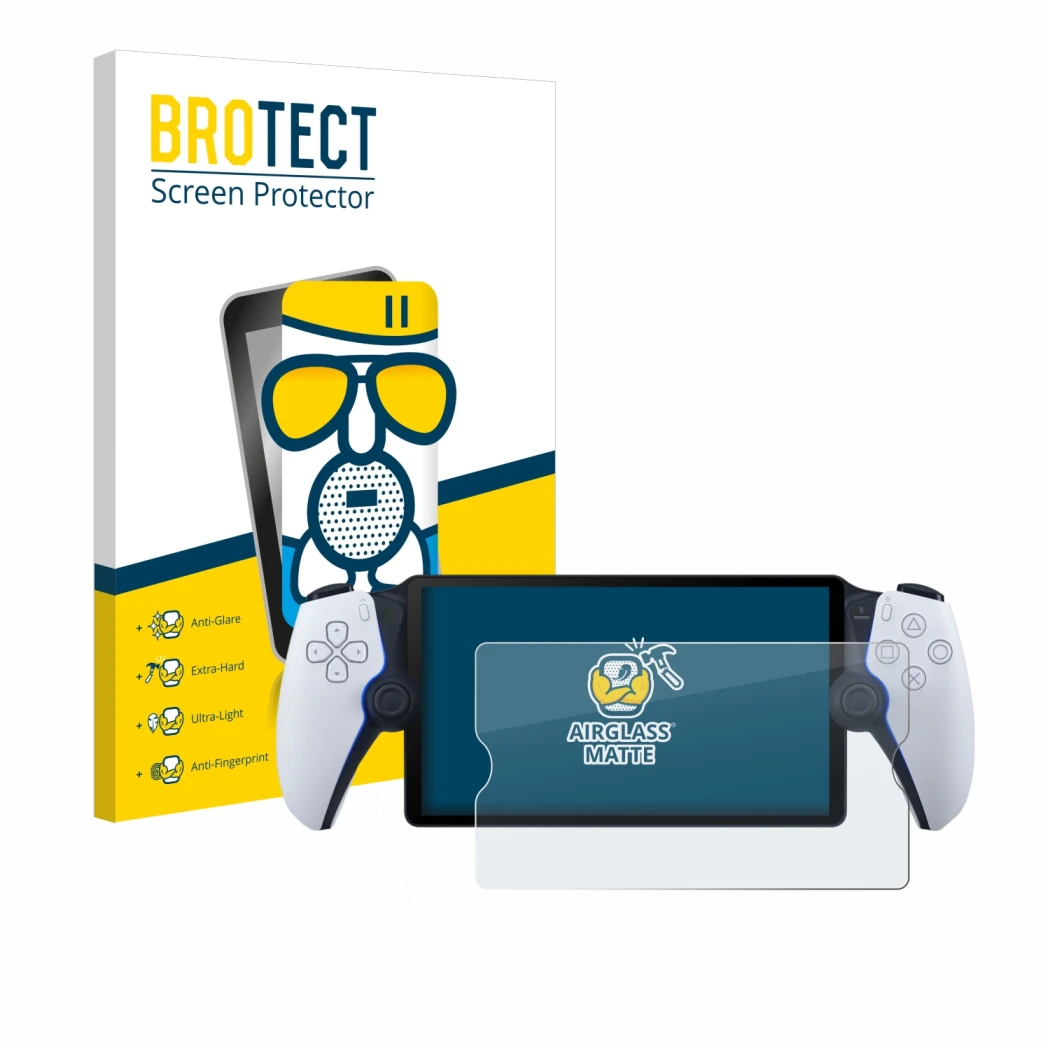 Front side of a product packaging with the brand logo BROTECT. Next to it is the device Sony Playstation Portal shown with the