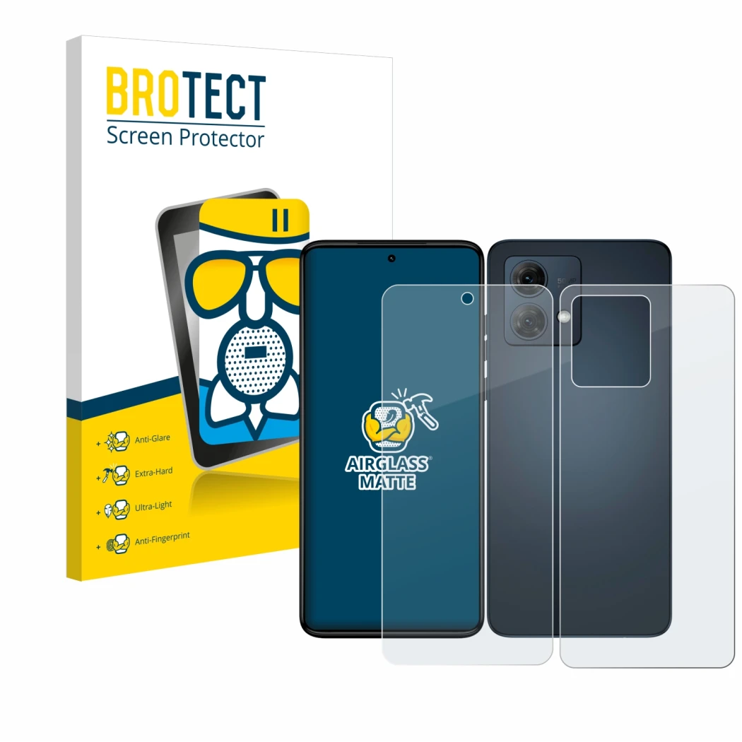 Front side of a product packaging with the brand logo BROTECT. Next to it is the device Motorola Moto G84 (Front+Back) shown w