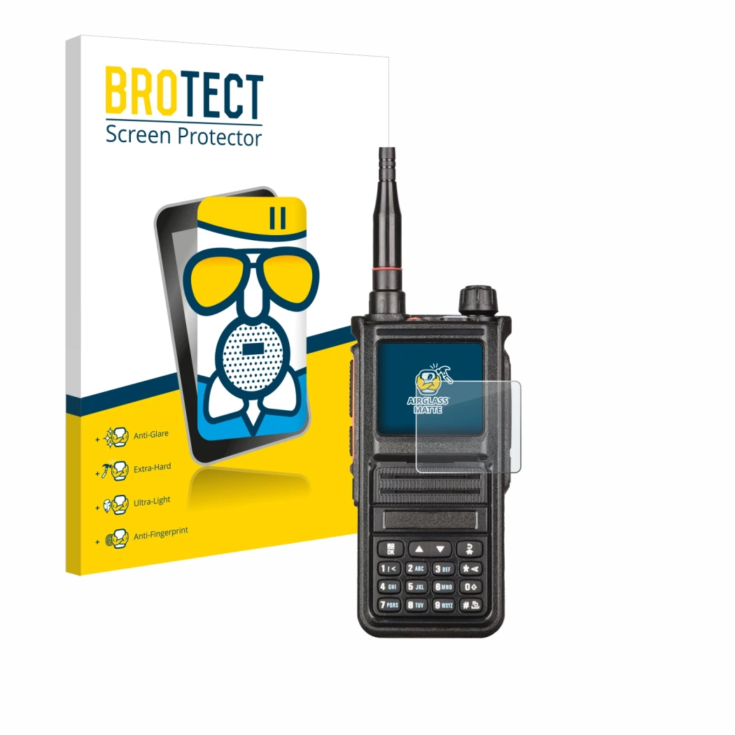 Front side of a product packaging with the brand logo BROTECT. Next to it is the device Radtel RT-470X shown with the correspo