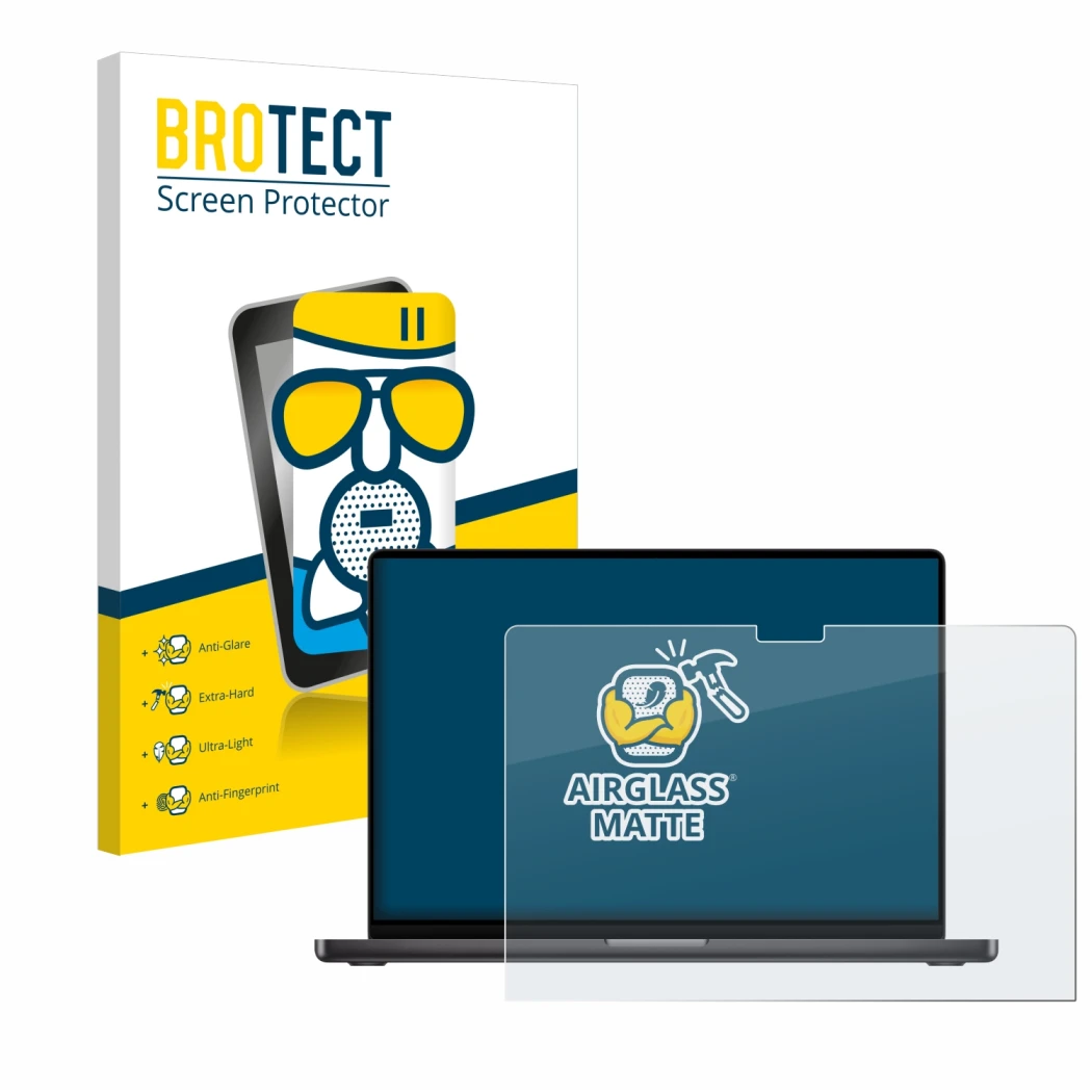 Front side of a product packaging with the brand logo BROTECT. Next to it is the device Apple MacBook Pro 14