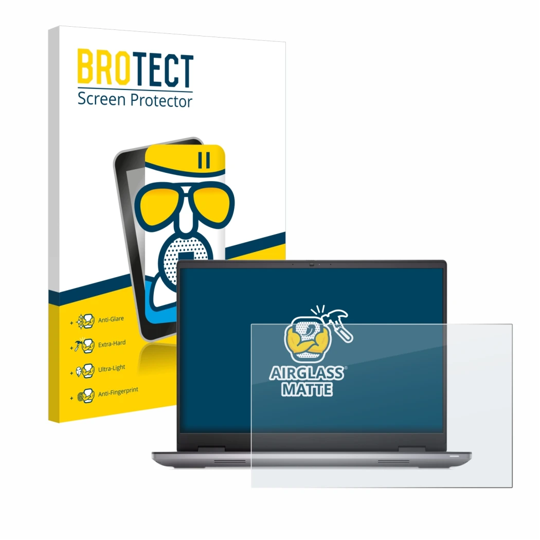 Front side of a product packaging with the brand logo BROTECT. Next to it is the device Dell Precision 7670 Non-Touch shown wi