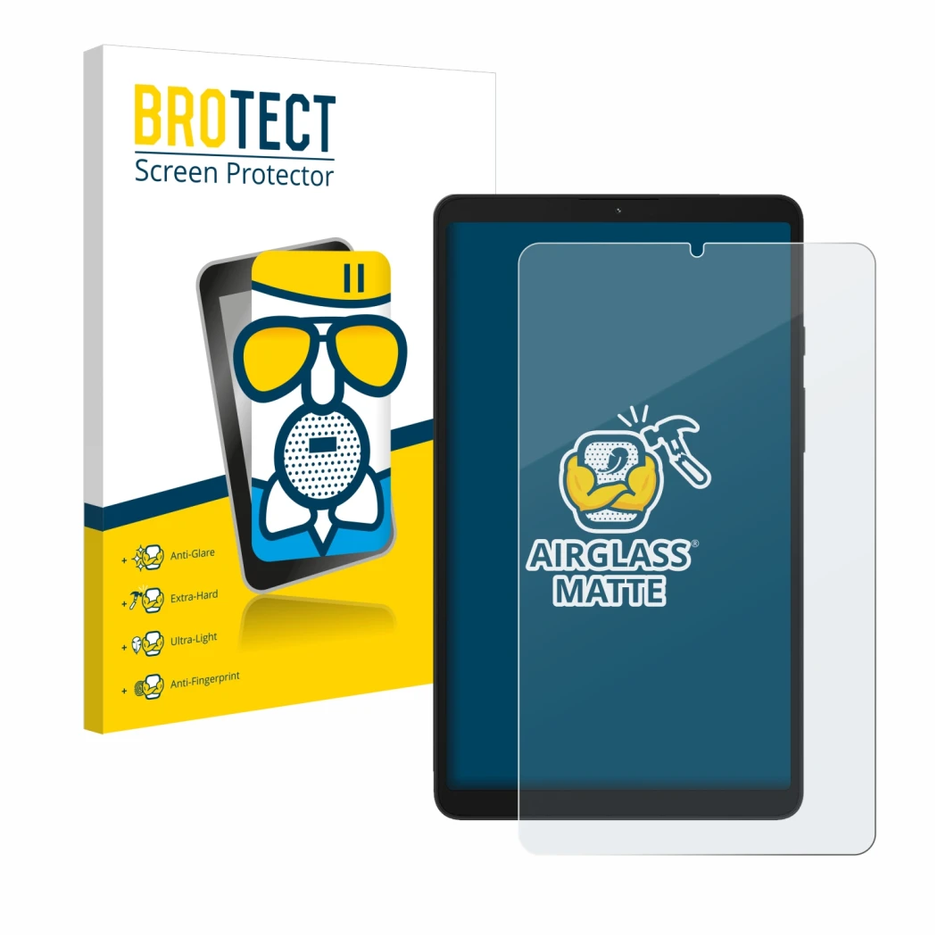 Front side of a product packaging with the brand logo BROTECT. Next to it is the device Samsung Galaxy Tab A9 WiFi shown with