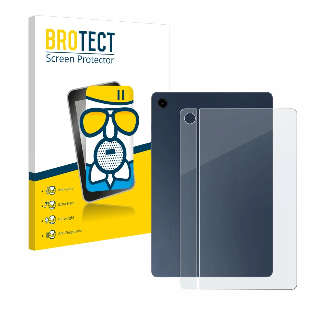 Front side of a product packaging with the brand logo BROTECT. Next to it is the device Samsung Galaxy Tab A9 Plus WiFi (Back)