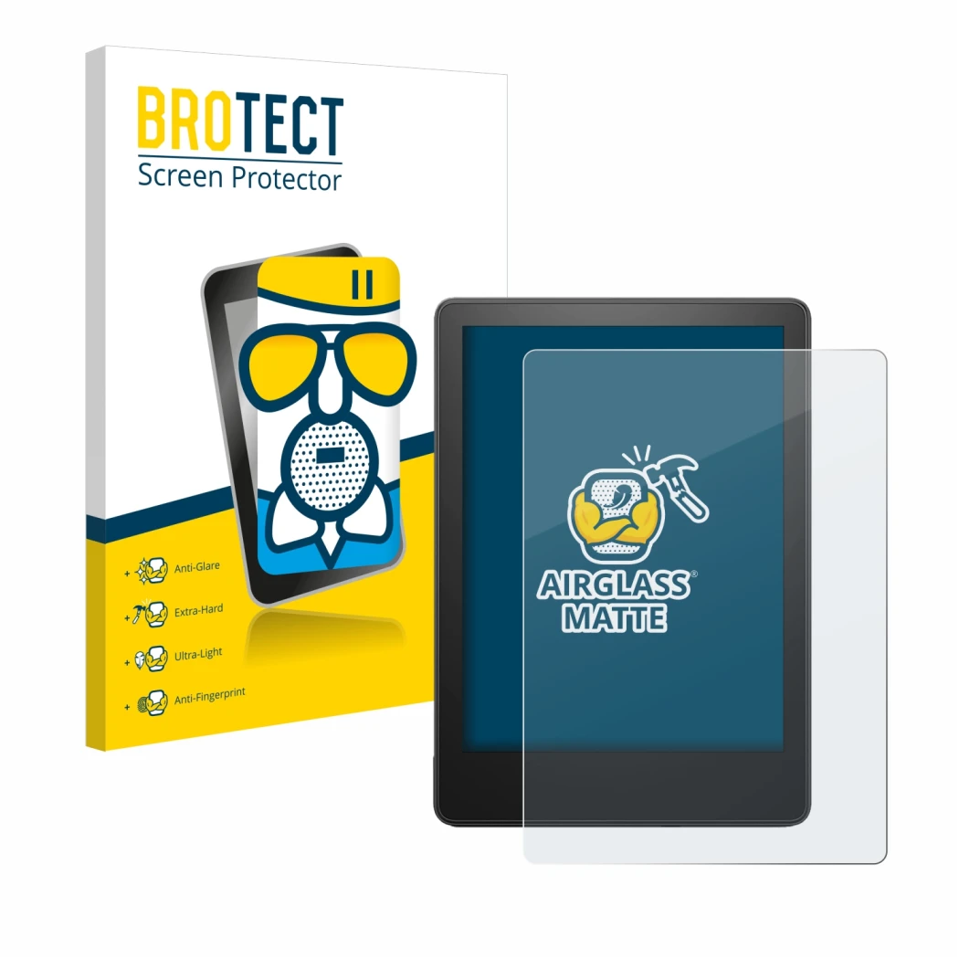 Front side of a product packaging with the brand logo BROTECT. Next to it is the device Amazon Kindle Paperwhite 2023 (11th Ge