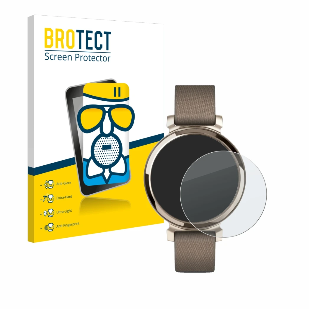 Front side of a product packaging with the brand logo BROTECT. Next to it is the device Garmin Lily 2 shown with the correspon