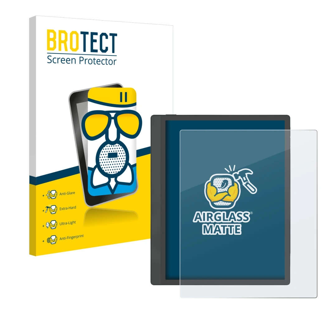 Front side of a product packaging with the brand logo BROTECT. Next to it is the device Boox Tab Ultra C Pro shown with the co