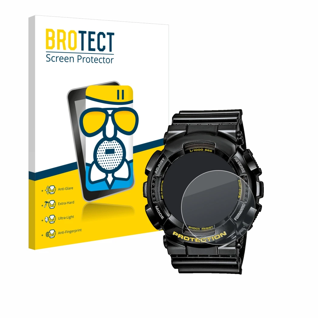 Front side of a product packaging with the brand logo BROTECT. Next to it is the device Casio G-Shock GA-110GB-1A shown with t
