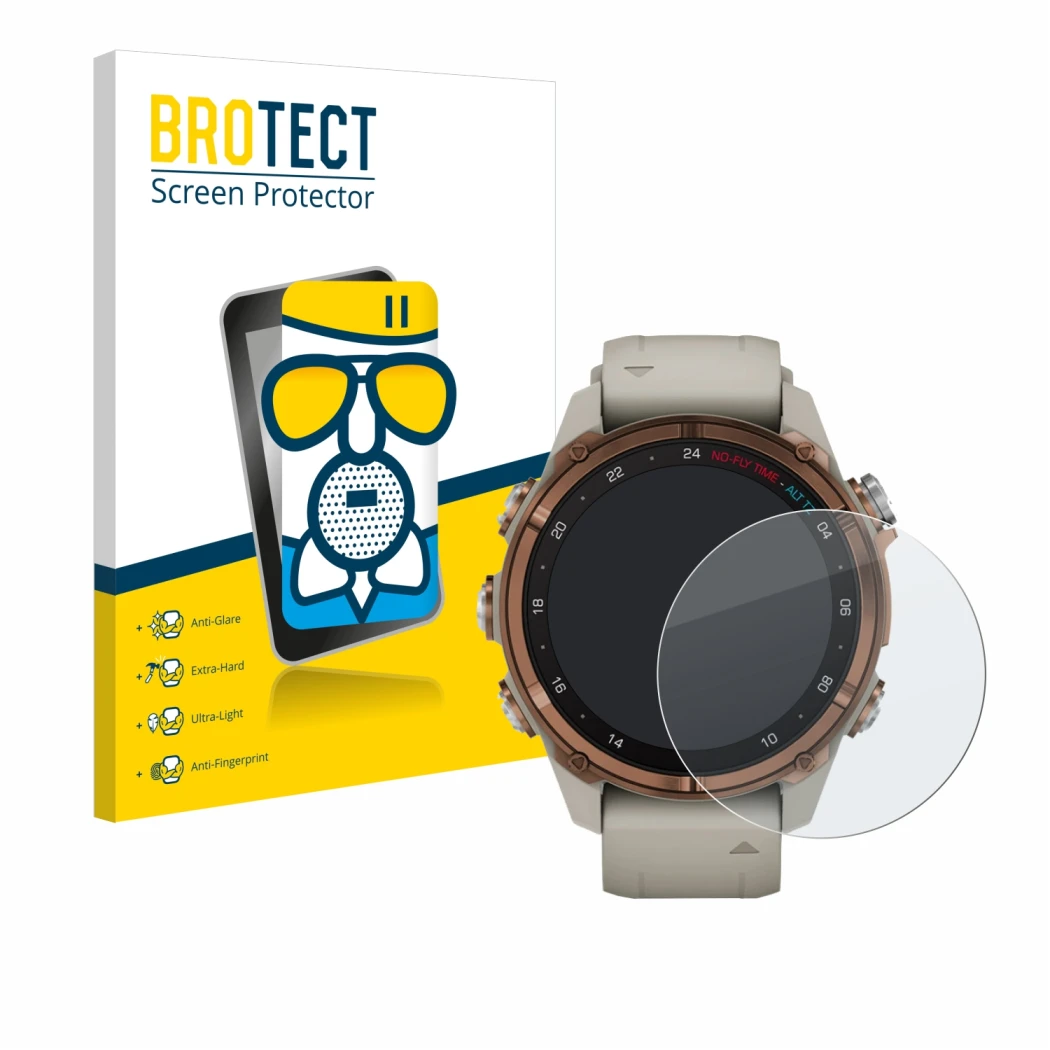 Front side of a product packaging with the brand logo BROTECT. Next to it is the device Garmin Descent Mk3 (43 mm) shown with 
