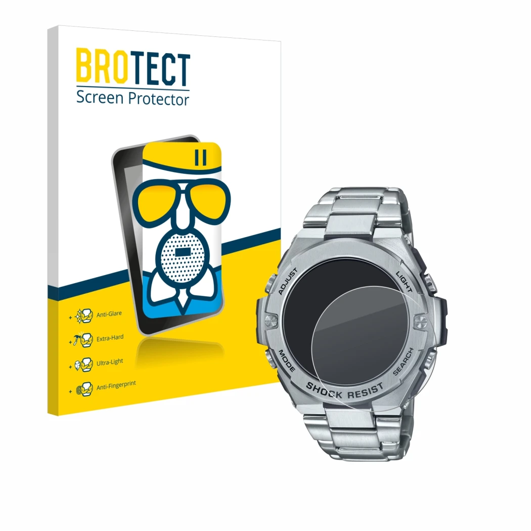Front side of a product packaging with the brand logo BROTECT. Next to it is the device Casio G-Shock GST-B500D-1A shown with 