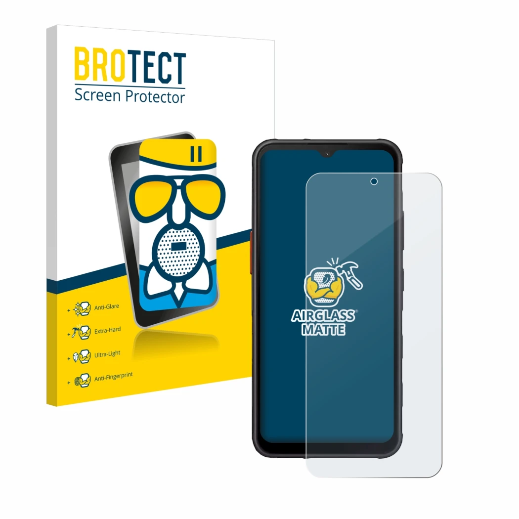 Front side of a product packaging with the brand logo BROTECT. Next to it is the device Samsung Galaxy XCover 7 shown with the