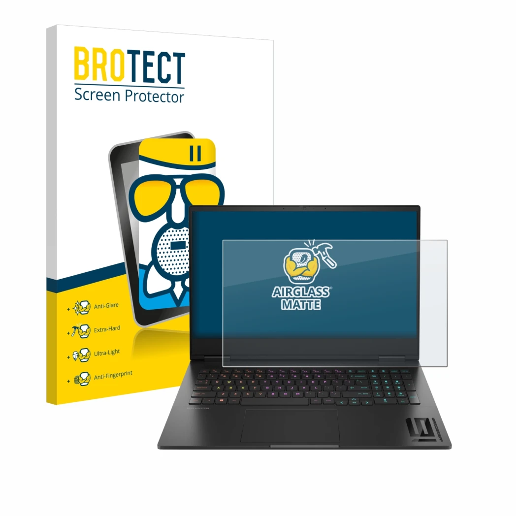 Front side of a product packaging with the brand logo BROTECT. Next to it is the device HP Omen 16 2024 shown with the corresp