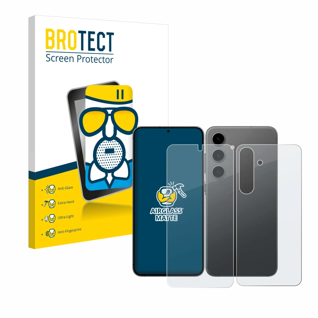 Front side of a product packaging with the brand logo BROTECT. Next to it is the device Samsung Galaxy S24 (Front+Back) shown 