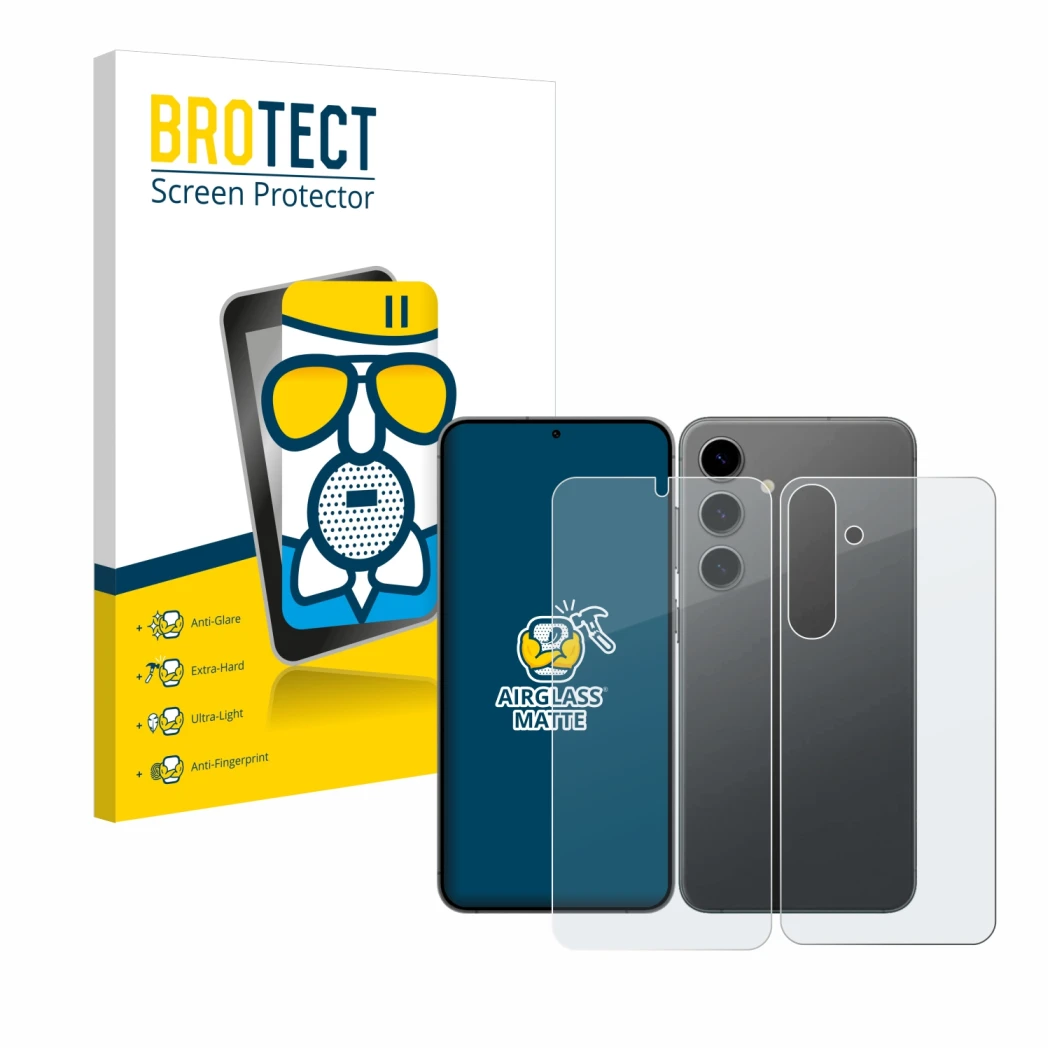 Front side of a product packaging with the brand logo BROTECT. Next to it is the device Samsung Galaxy S24 Plus (Front+Back) s