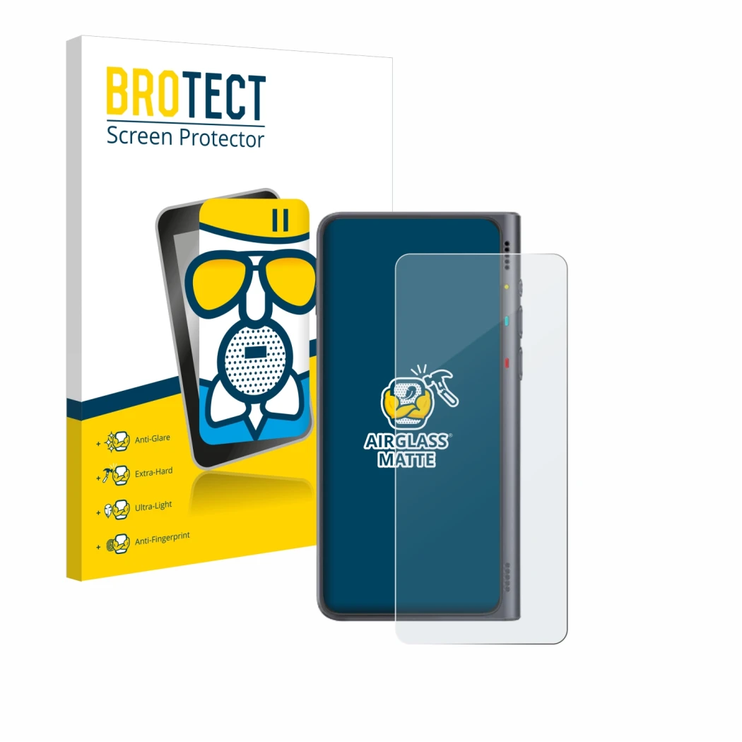 Front side of a product packaging with the brand logo BROTECT. Next to it is the device Timekettle Fluentalk T1 shown with the