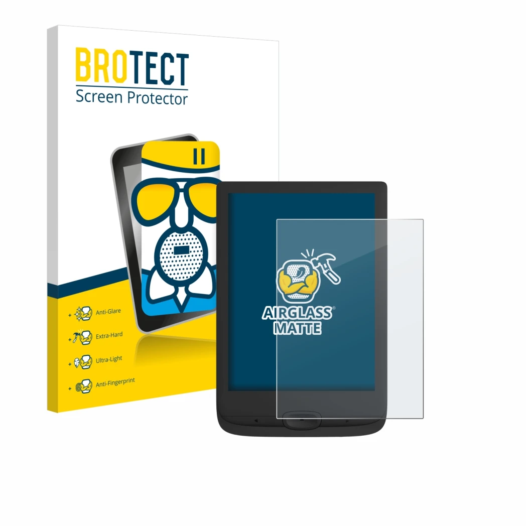 Front side of a product packaging with the brand logo BROTECT. Next to it is the device PocketBook Basic Lux 4 shown with the