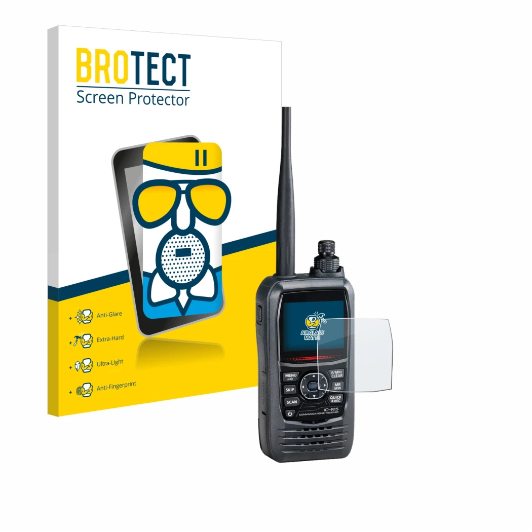 Front side of a product packaging with the brand logo BROTECT. Next to it is the device Icom IC-R15 shown with the correspondi