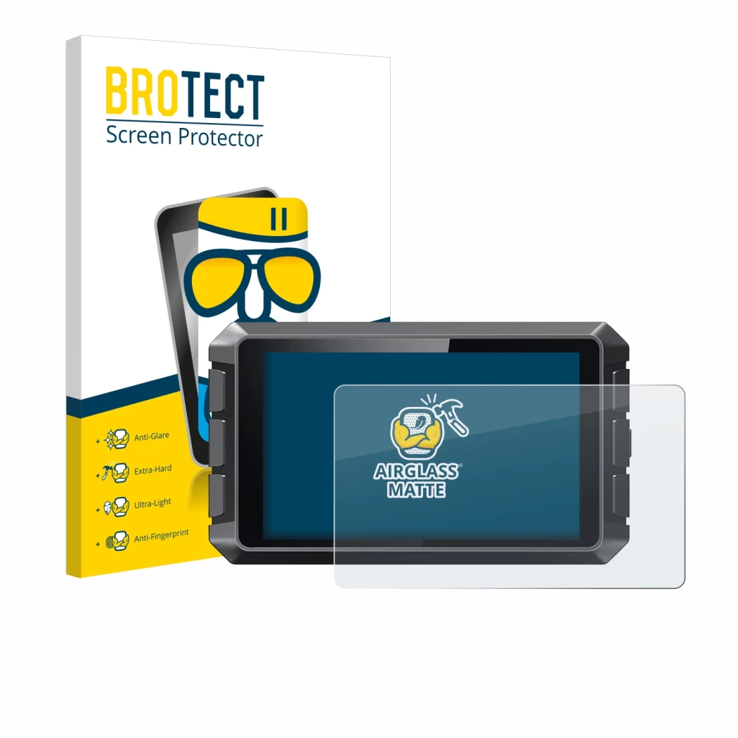 Front side of a product packaging with the brand logo BROTECT. Next to it is the device Creality Sonic Pad shown with the corr