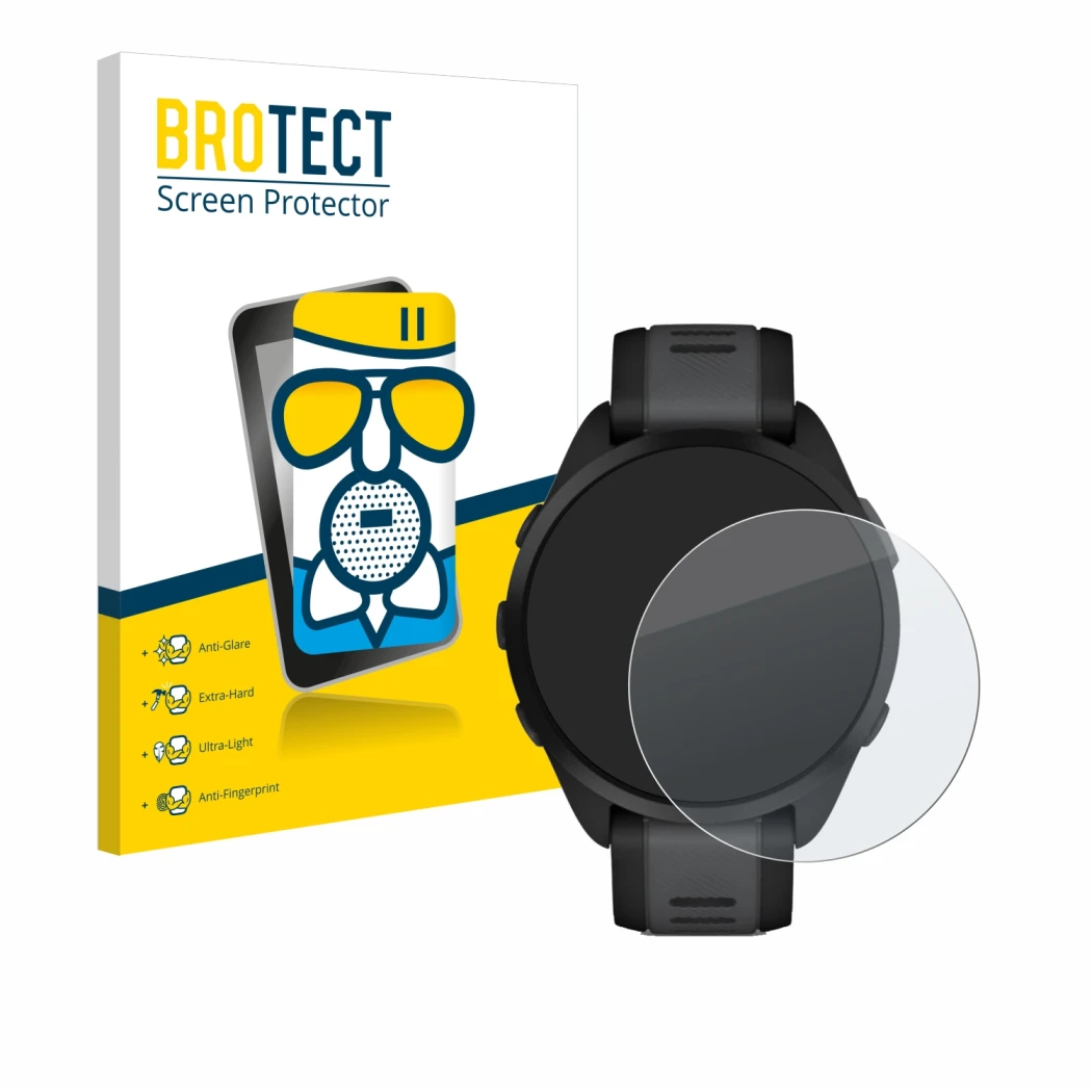 Front side of a product packaging with the brand logo BROTECT. Next to it is the device Garmin Forerunner 165 shown with the c