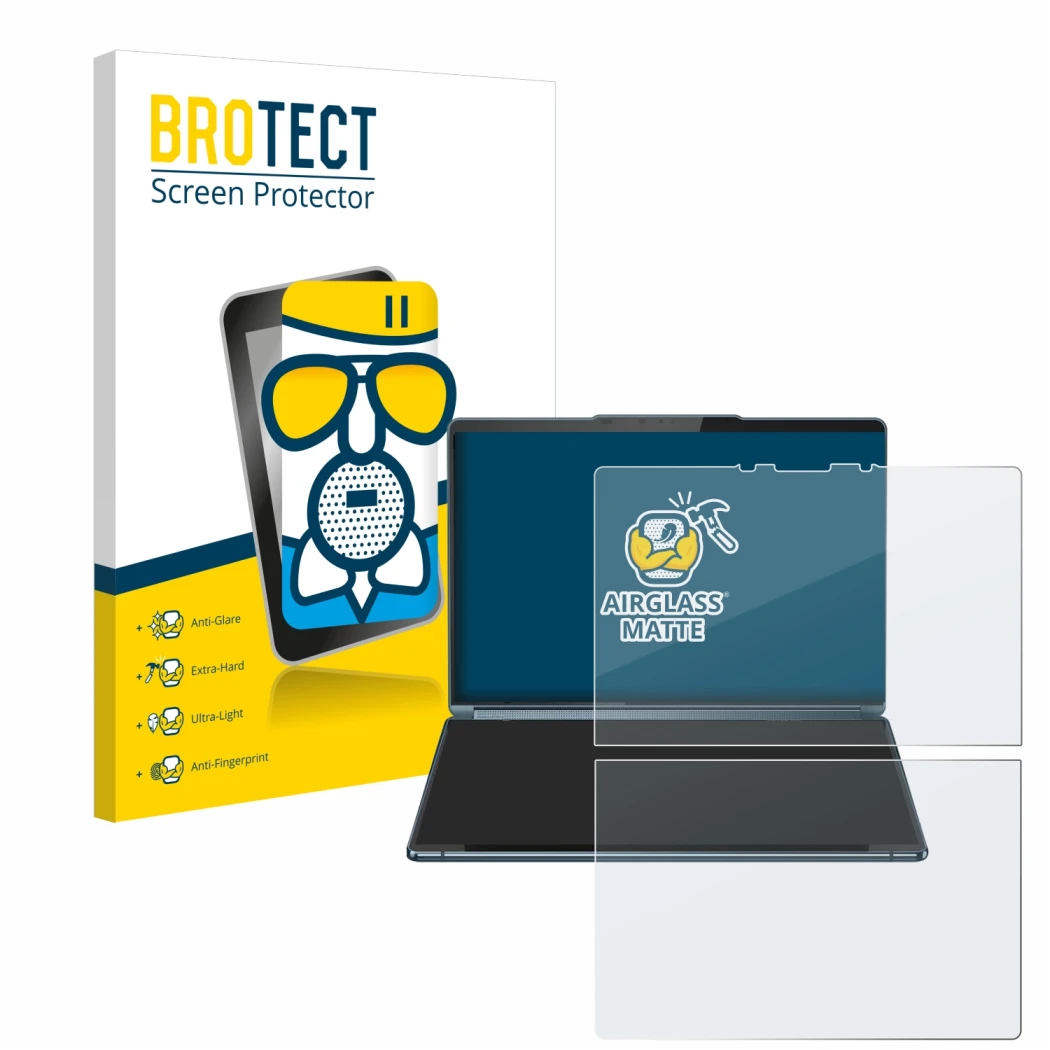 Front side of a product packaging with the brand logo BROTECT. Next to it is the device Lenovo Yoga Book 9i Gen 9 shown with t