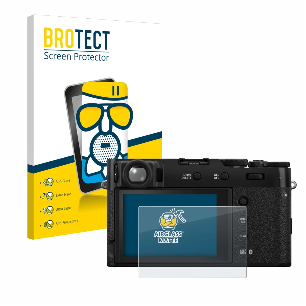 Front side of a product packaging with the brand logo BROTECT. Next to it is the device Fujifilm X100VI shown with the corresp