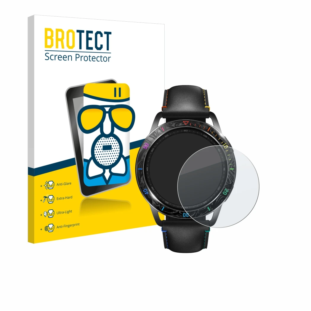 Front side of a product packaging with the brand logo BROTECT. Next to it is the device Xiaomi Watch S3 shown with the corresp