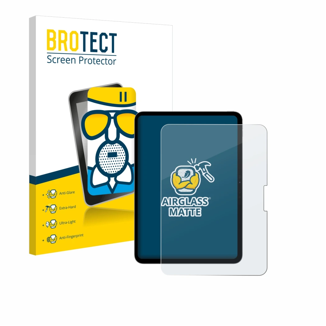 Front side of a product packaging with the brand logo BROTECT. Next to it is the device Apple iPad Pro 11