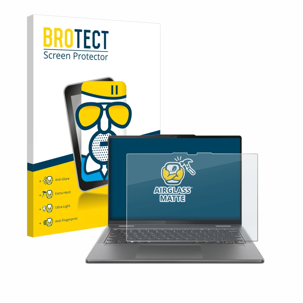 Front side of a product packaging with the brand logo BROTECT. Next to it is the device Lenovo Yoga 7 2-in-1 Gen 9 14