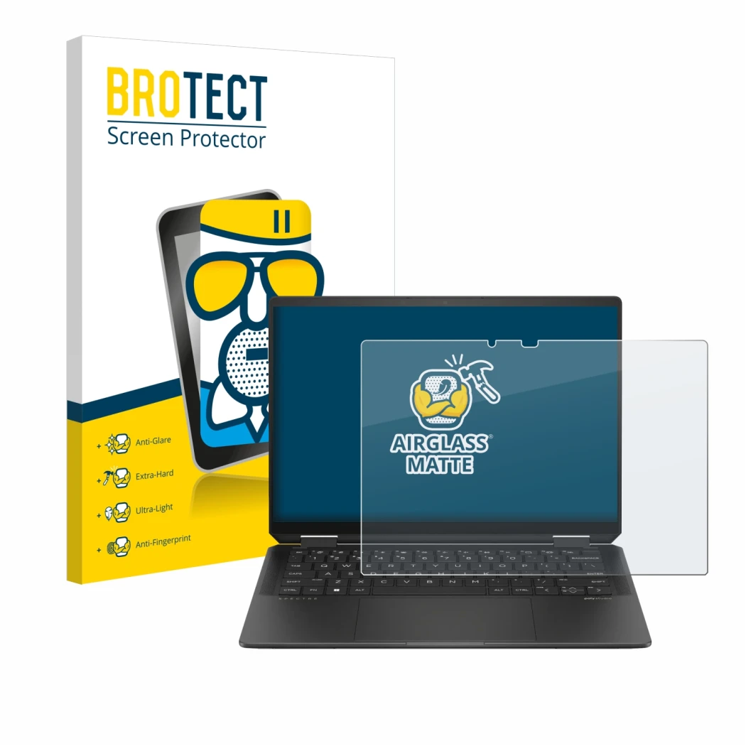 Front side of a product packaging with the brand logo BROTECT. Next to it is the device HP Spectre x360 (14-e) 2024 shown with