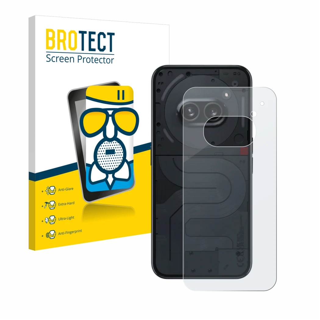 Front side of a product packaging with the brand logo BROTECT. Next to it is the device Nothing Phone (2a) (Back) shown with t