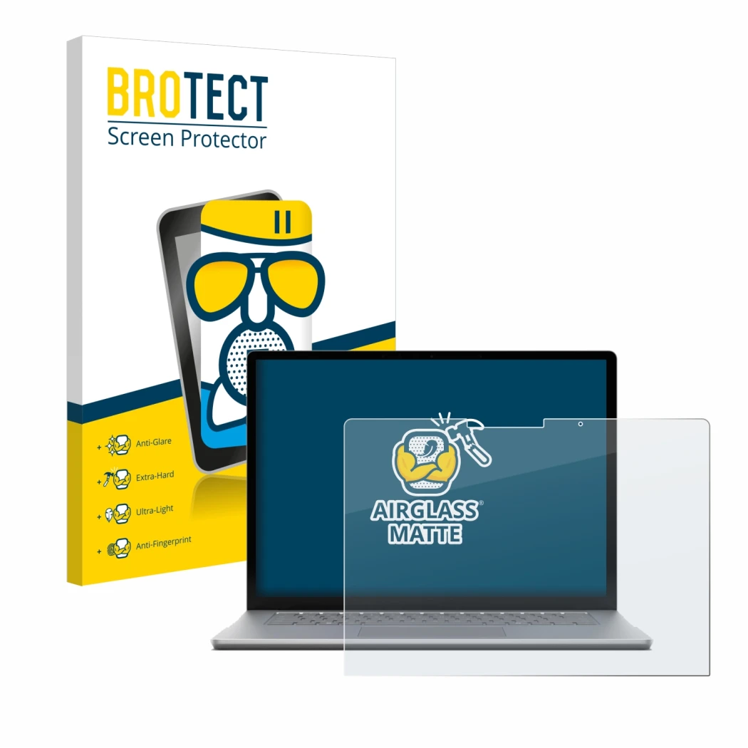 Front side of a product packaging with the brand logo BROTECT. Next to it is the device Microsoft Surface Laptop 6 13.5