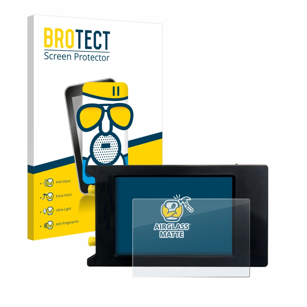 Front side of a product packaging with the brand logo BROTECT. Next to it is the device LiteVNA 64 shown with the correspondin