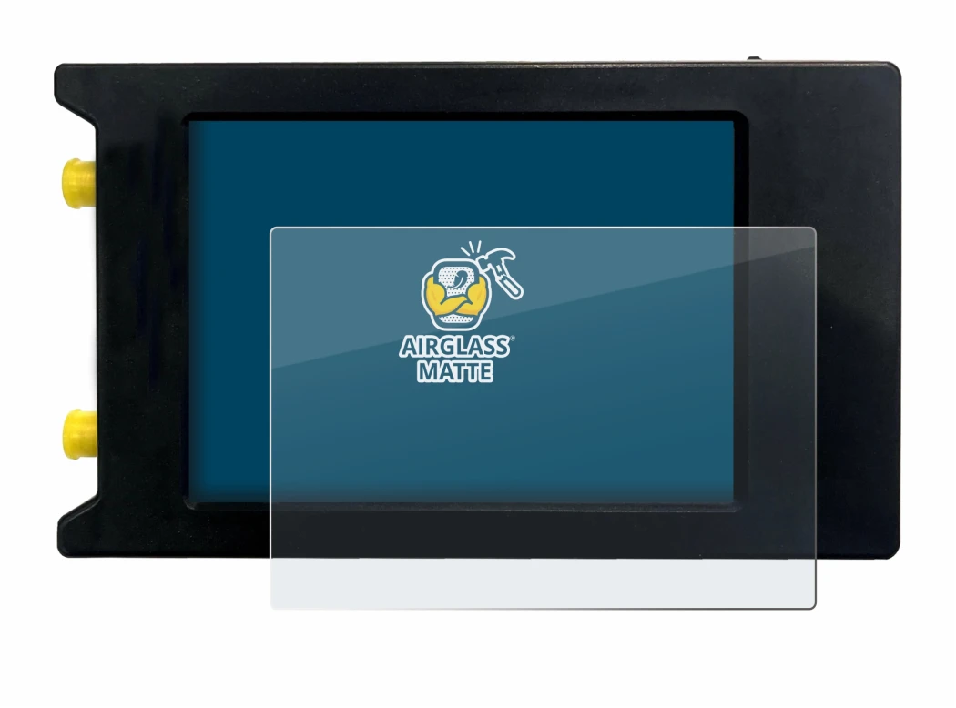 Image of the device LiteVNA 64 with a wide variety of screen protectors.