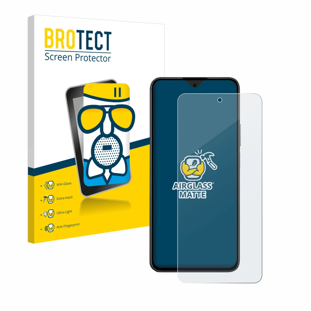 Front side of a product packaging with the brand logo BROTECT. Next to it is the device Honor 90 Smart shown with the correspo