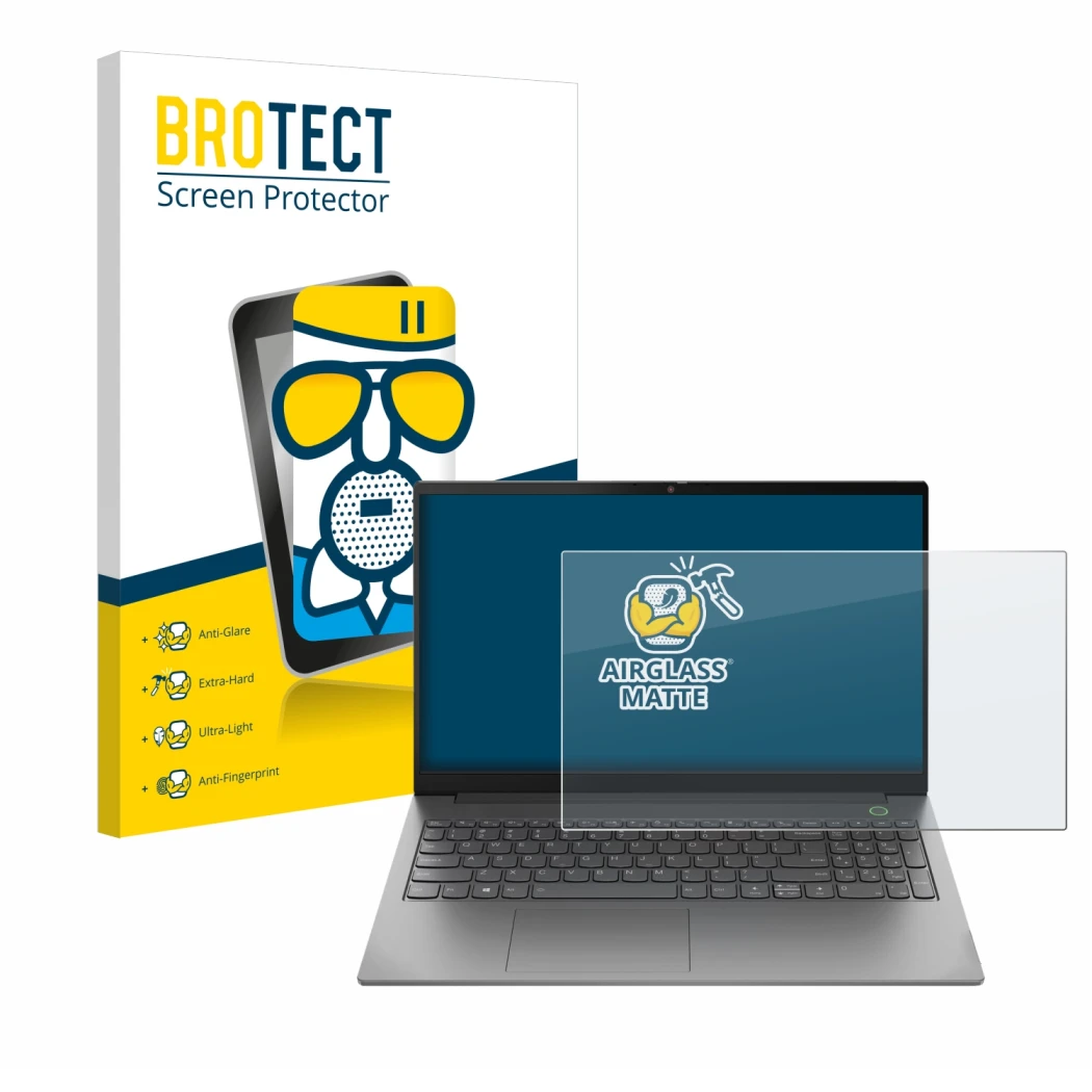 Front side of a product packaging with the brand logo BROTECT. Next to it is the device Lenovo ThinkBook 15 Gen 4 shown with t